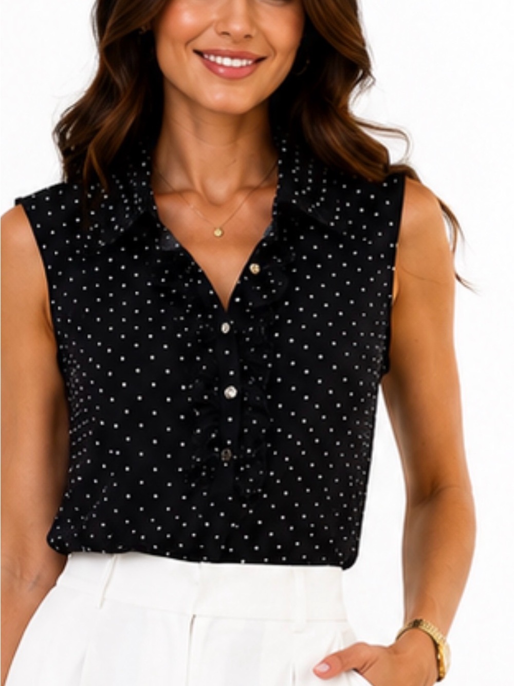 Tommy Hilfiger Black Polka Dot Ruffle Collared Sleeveless Top
